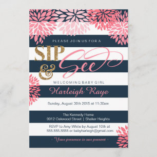 Invitation Sip & See Marine Blue and Rose Parties scintillant
