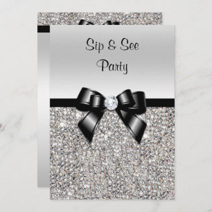 Invitation Sip & See Party Silver Sequits Black Bow