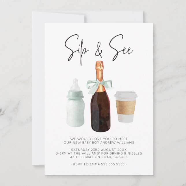 Invitation Sip & See Watercolor Green Coffee Campagne (Devant)