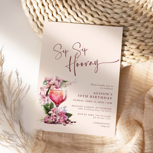 Invitation Sip Sip Hooray Anniversaire Fête Boho Mauve (Créateur téléchargé)