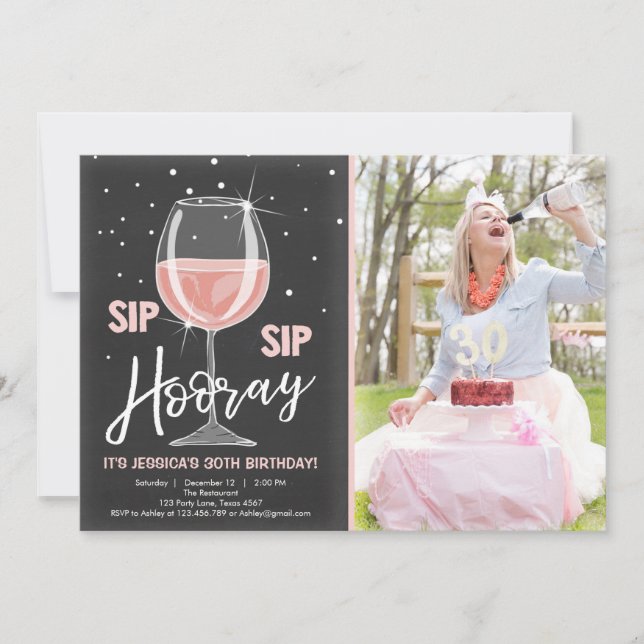Invitation Sip Sip Hooray Chalkboard Vin Adulte Anniversaire (Devant)
