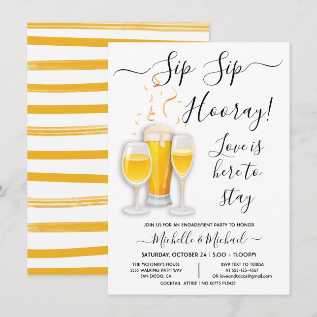 Invitation Sip Sip Hooray Cocktail Partie d'engagement (Devant / Derrière)