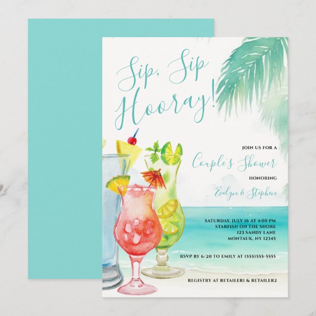 Invitation Sip Sip Hooray Cocktails tropicaux Couple's Shower (Devant / Derrière)