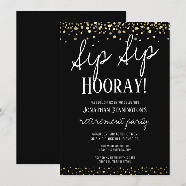 Invitation Sip Sip Hooray Elegant Gold Retirement Party (Devant / Derrière)