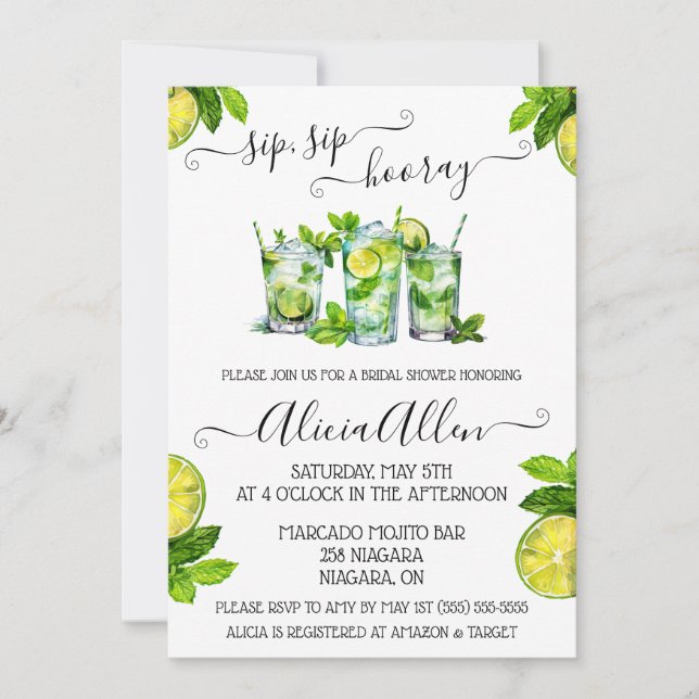 Invitation Sip, Sip, Hooray ! Fête des mariées à thème Mojito (Devant)