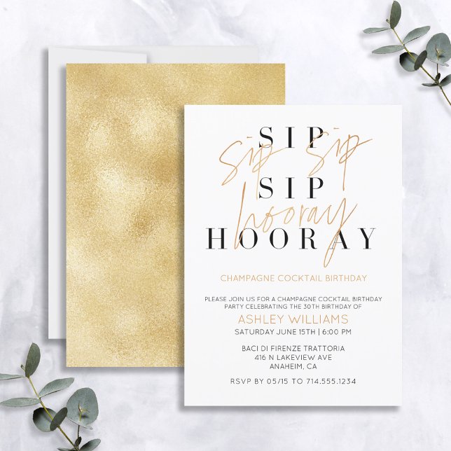 Invitation Sip Sip Hooray Gold Champagne Cocktail Anniversair (Créateur téléchargé)