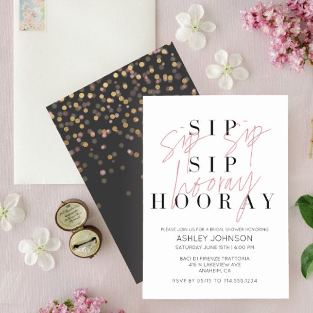 Invitation Sip Sip Hooray moderne noir blanc Fête des mariées (Créateur téléchargé)