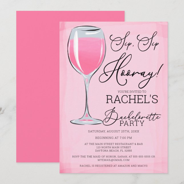 Invitation Sip Sip Hooray Pink Wine Bachelorte Party (Devant / Derrière)