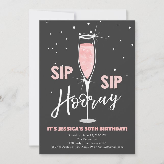 Invitation Sip Sip Hooray Vin Rose Surprise Anniversaire rose (Devant)