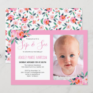 Invitation Sip & Voir Baby Girl Photo Baby shower floral rose