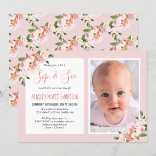 Invitation Sip & Voir Baby Girl Photo Blush Floral Baby showe