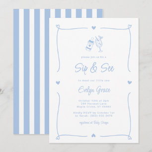 Invitation Sip & Voir Bouteille Champagne Whimsical Blue Boy