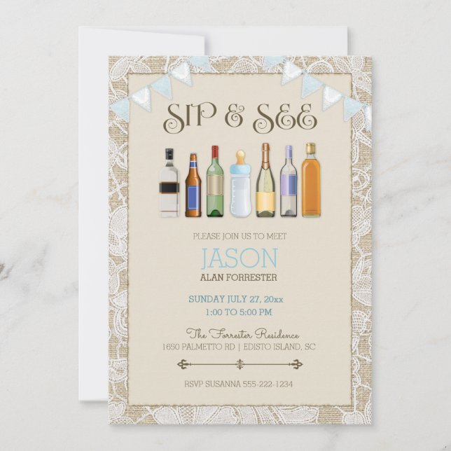 Invitation Sip & Voir Bouteilles en dentelle Burlap Blue Boy  (Devant)
