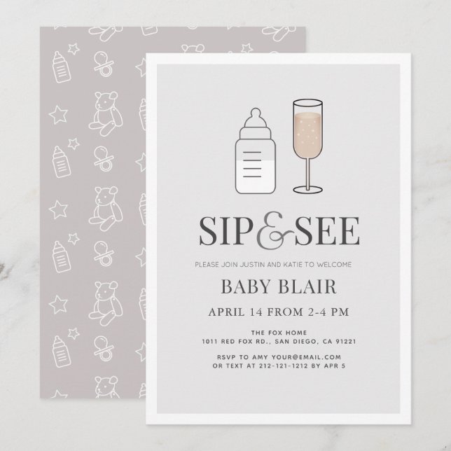 Invitation Sip & Voir Champagne Bouteille Baby shower gris (Devant / Derrière)