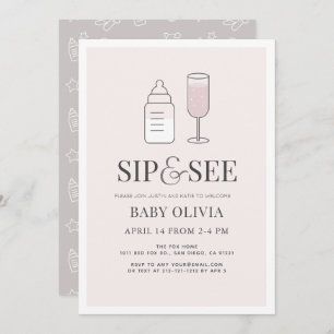 Invitation Sip & Voir Champagne Bouteille Baby shower rose