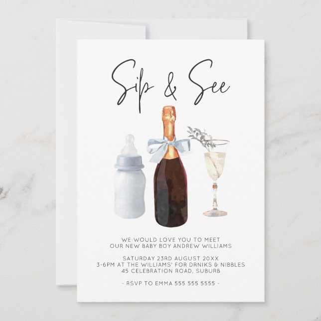 Invitation Sip & Voir Elegant Aquarelle Bleu bébé garçon (Devant)