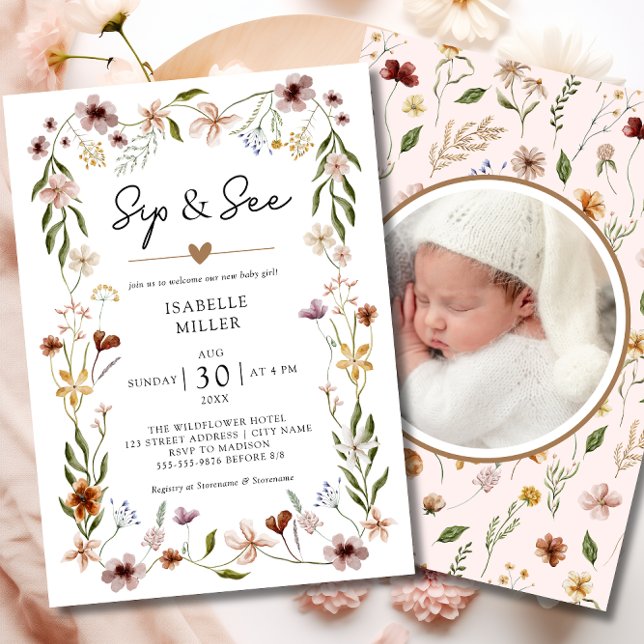 Invitation Sip & Voir Elegant Fleur sauvage Rose Baby Girl (Sip & See Elegant Wildflower Pink Baby Girl Invitation)