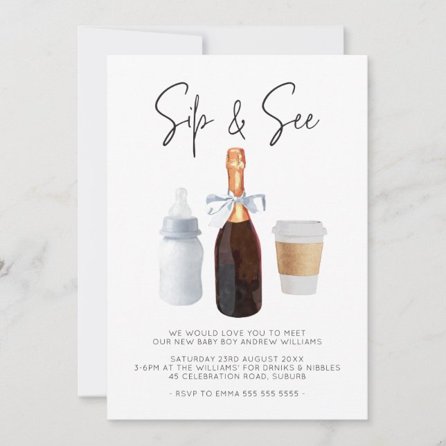Invitation Sip & Voir Elégante Aquarelle Bleu Café Champagne (Devant)