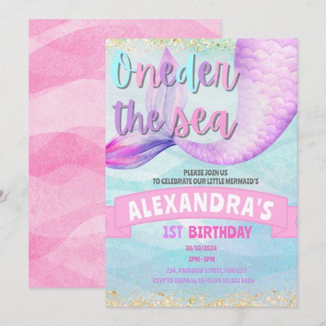 Invitation Sirène 1er anniversaire au-dessus de la mer (Devant / Derrière)