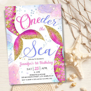 Invitation Sirène 1er anniversaire fête rose ONEder la mer