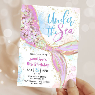 Invitation Sirène 5e anniversaire fête rose sous la mer