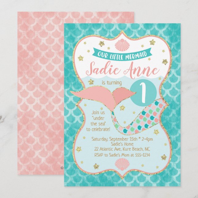 Invitation Sirène Anniversaire Corail et Turquoise (Devant / Derrière)