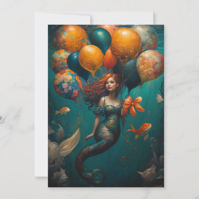 Invitation Sirène Capricieuseuse avec ballon d'anniversaire (Devant)