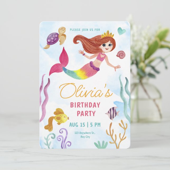 Invitation Sirène D'Aquarelle Sous La Fête D'Anniversaire De  (Debout devant)