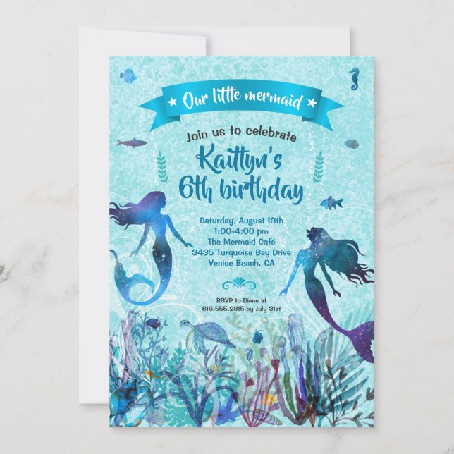 Invitation Sirène d'aquarelle sous la mer fête d'anniversaire (Devant)