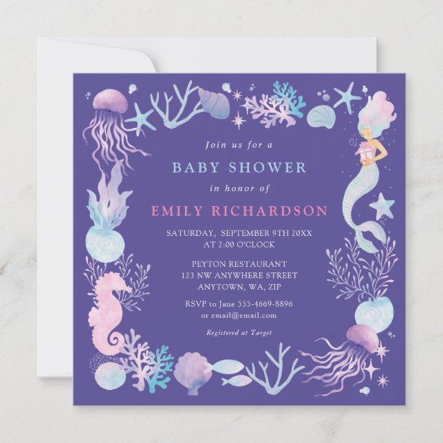Invitation Sirène D'Aquarelle Sous Le Baby shower De Mer (Devant)