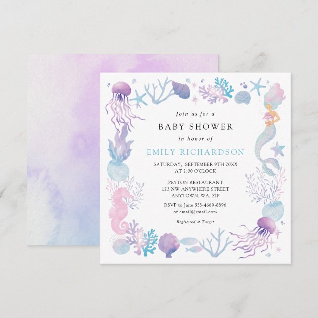 Invitation Sirène D'Aquarelle Sous Le Baby shower De Mer (Devant / Derrière)