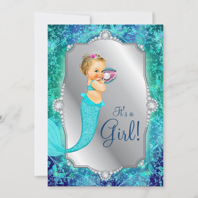 Invitation Sirène D'Argent Bleu turquoise Sous Le Baby shower (Devant)