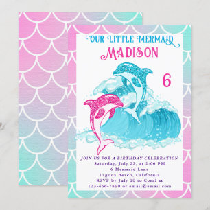 Invitation Sirène Dauphin Mer Océan Bleu Rose Fête d'annivers