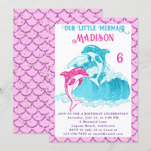 Invitation Sirène Dauphin Mer Océan Bleu Rose Fête d'annivers
