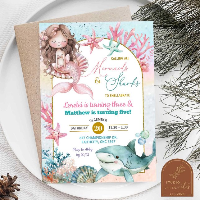 Invitation Sirène de mer rose et requin conjointe fille anniv (Créateur téléchargé)