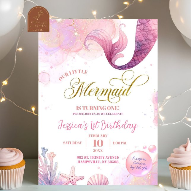 Invitation Sirène de mer rose Premier anniversaire (Créateur téléchargé)