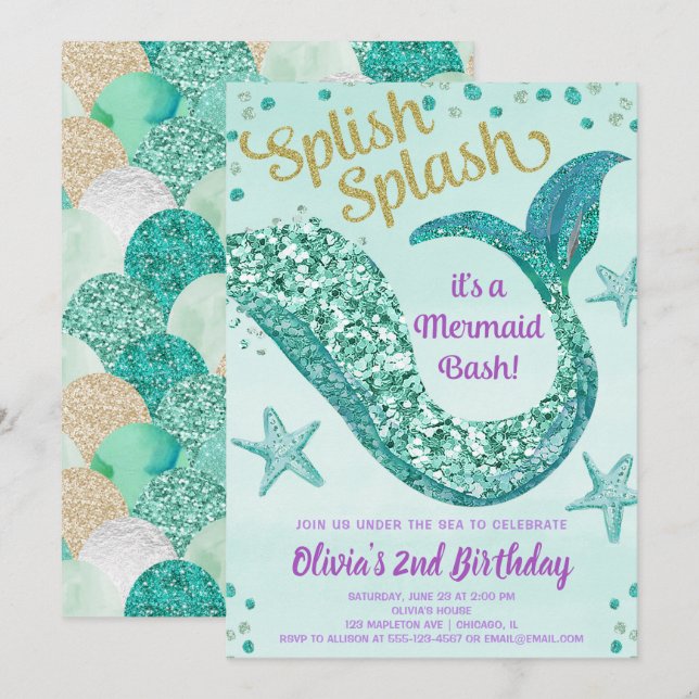 Invitation Sirène de Parties scintillant sous la fête d'anniv (Devant / Derrière)