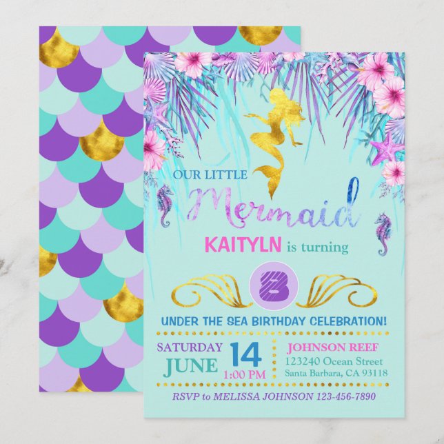 Invitation Sirène d'étincelle sous l'anniversaire de mer (Devant / Derrière)