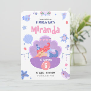 Invitation Sirène endormie rose violet Joyeux Anniversaire