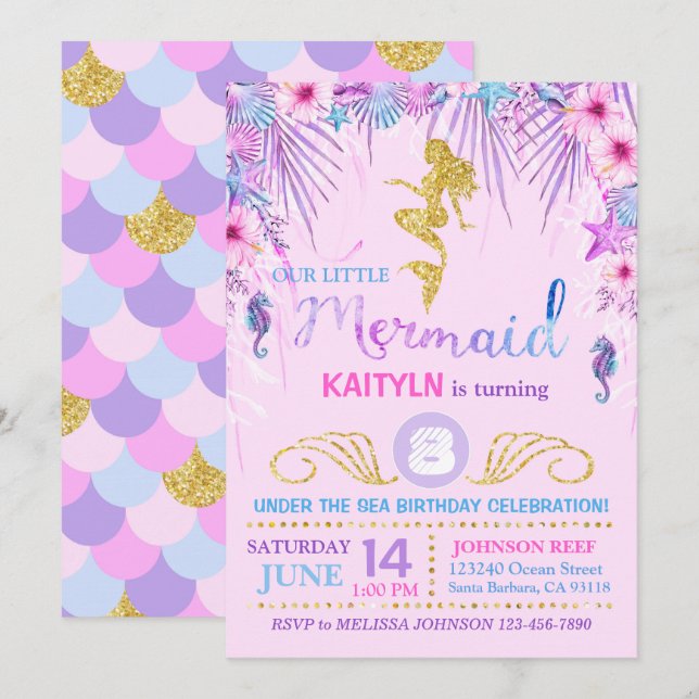 Invitation Sirène étincelante sous la mer Anniversaire (Devant / Derrière)
