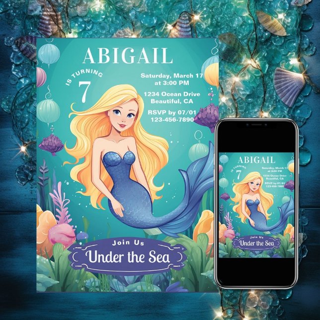 Invitation Sirène lunaire sous l'océan marin Anniversaire (Whimsical Mermaid Under the Sea Ocean Birthday Invitation)