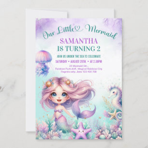 Invitation Sirène mignonne violet aquarelle pour les 2 ans d'