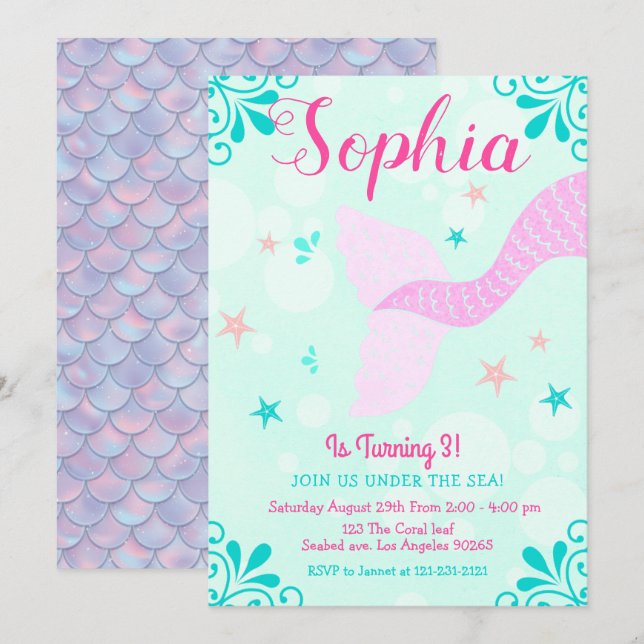 Invitation Sirène ou sous la mer Aqua Turquoise Splash Annive (Devant / Derrière)