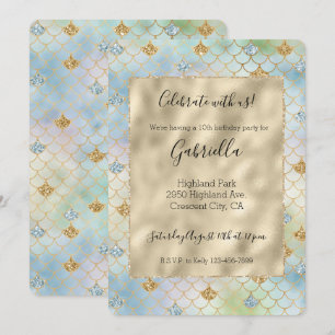 Invitation Sirène Pailletée Aqua Bleu Menthe Or