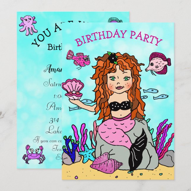 Invitation Sirène Red Haired sous la fête d'anniversaire de l (Devant / Derrière)