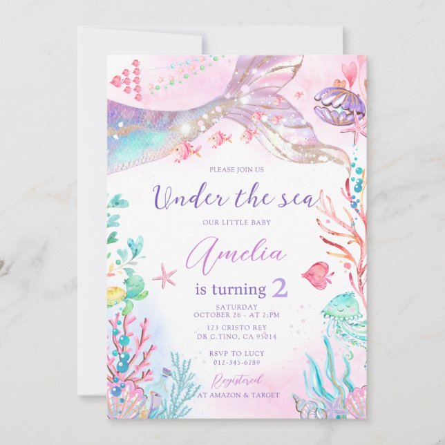 Invitation Sirène rose pourpre sous la mer Anniversaire (Devant)