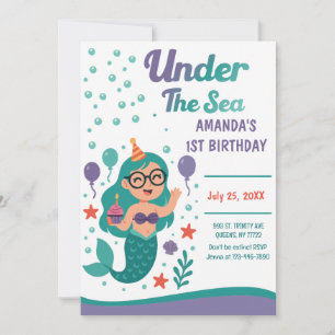 Invitation Sirène sous la mer 1er fête d'anniversaire