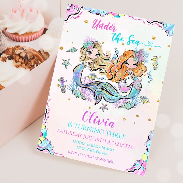 Invitation Sirène sous la mer 3ème fête d'anniversaire (Créateur téléchargé)