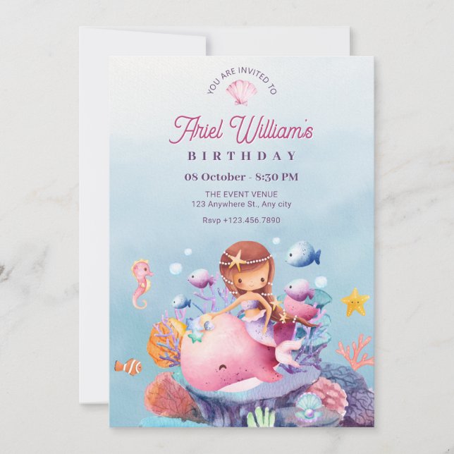 Invitation Sirène sous la mer anniversaire (Devant)