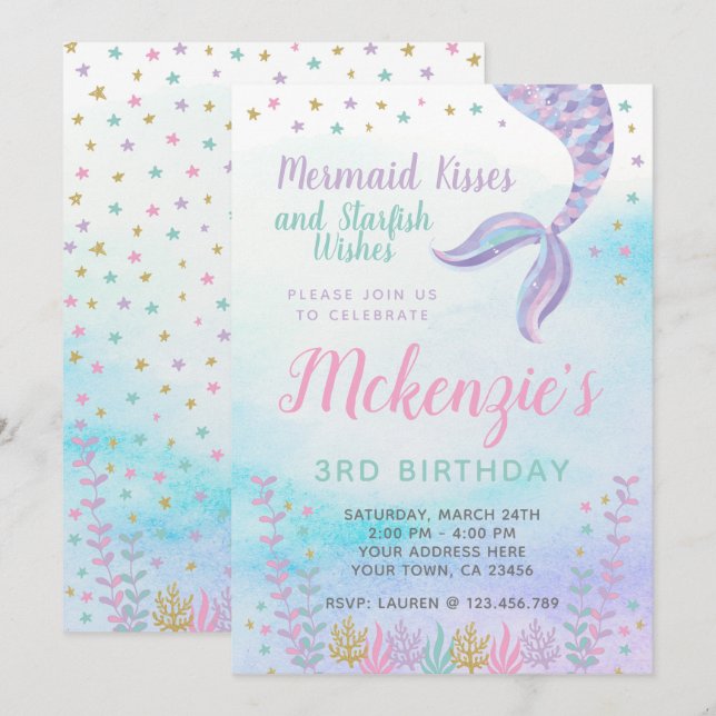 Invitation Sirène, sous la mer, magique (Devant / Derrière)